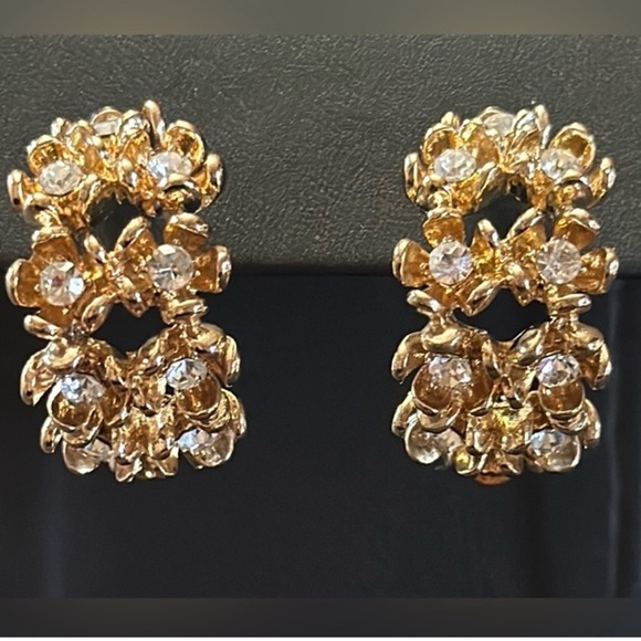 Jewelry - Double Row Flower Gold-Tone Post Back Rhinestone Adorned Earrings